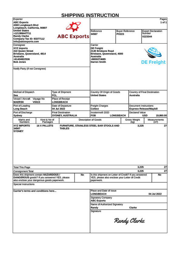 Create A Shipping Instruction Free Template IncoDocs